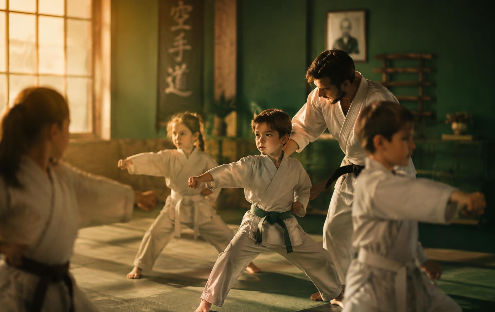 Kids training karate with an instructor